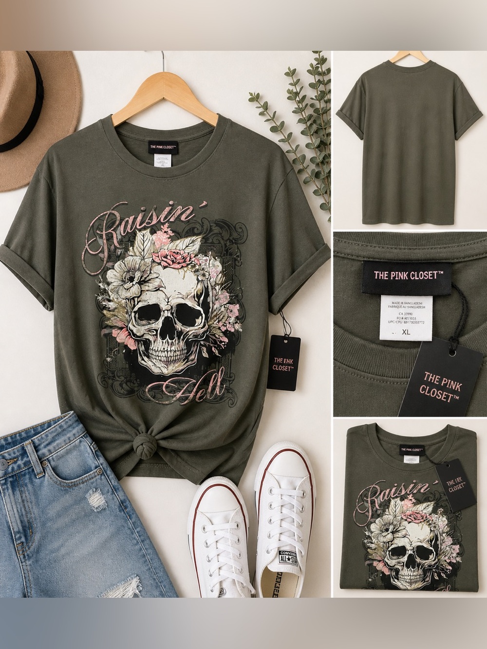 Pink Closet Raisin Hell Skull Graphic Tee Floral Goth Boho Olive Green 2X NWT